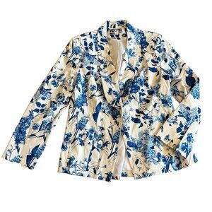 Vicky Tiel Blue White Floral Print Blazer Jacket Button-Down Size 16 Women's